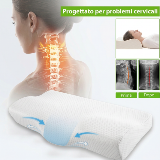 Vertaline therapeutic cervical pillow shown with ergonomic design and X-ray view highlighting support for neck and spine.