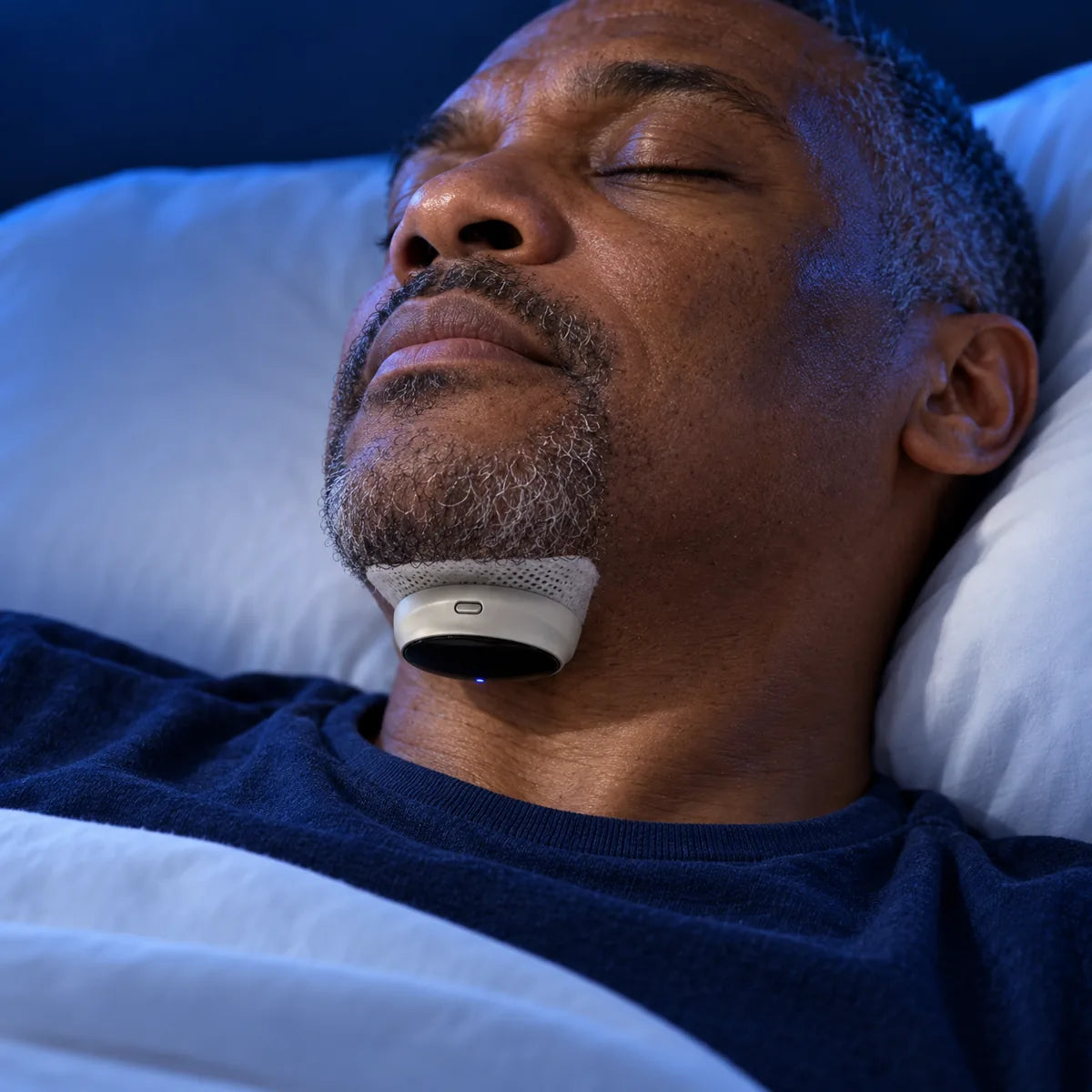 Un uomo dorme con Sleeprest sotto il mento