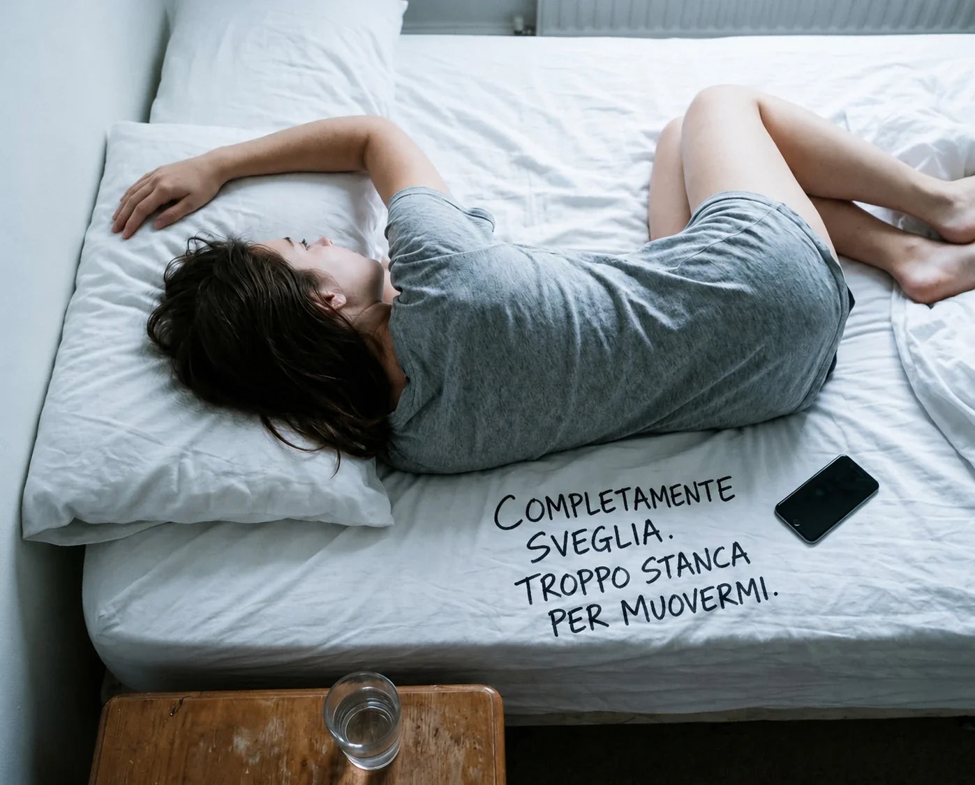 Una donna distesa sul letto: completamente sveglia, troppo stanca per muoversi.