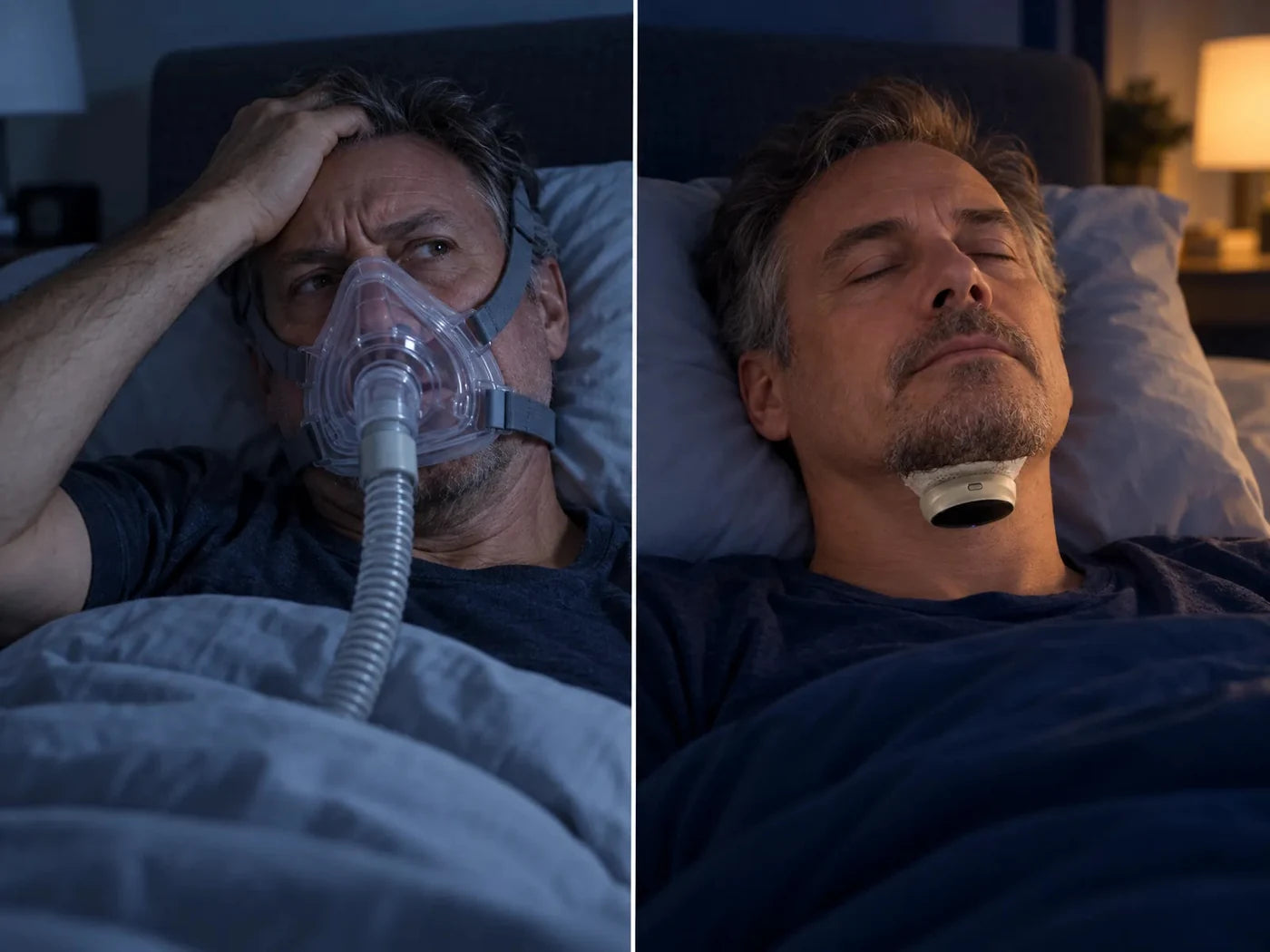 A sinistra un uomo sveglio con la maschera CPAP. A destra lo stesso uomo che dorme con Sleeprest